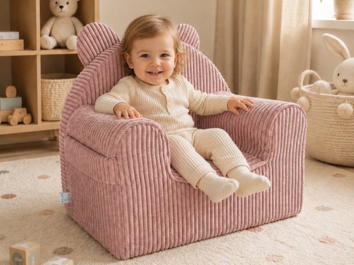 Kindersessel aus Cord mit Öhrchen - hellrosa