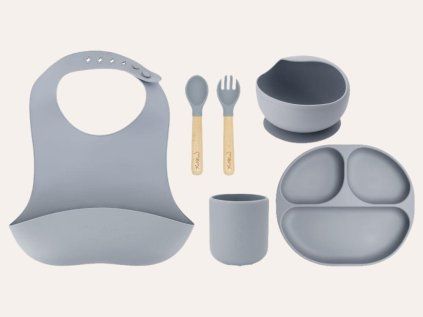 MoMi AMI - Kindergeschirr Set Silikon | Essensset für Kinder – Holz - BPA-frei - grau