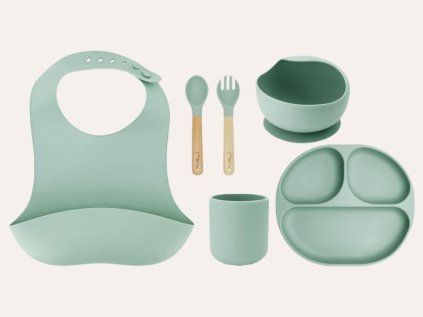 MoMi AMI - Kindergeschirr Set Silikon | Essensset für Kinder – Holz - BPA-frei - grün