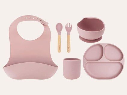 Momi AMI - Kindergeschirr Set Silikon | Essensset für Kinder – Holz - BPA-frei - Rosa