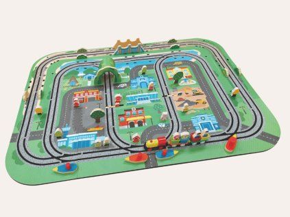 Spielmatte mit Eisenbahn Stadtentdecker und 80 Zubehörteilen