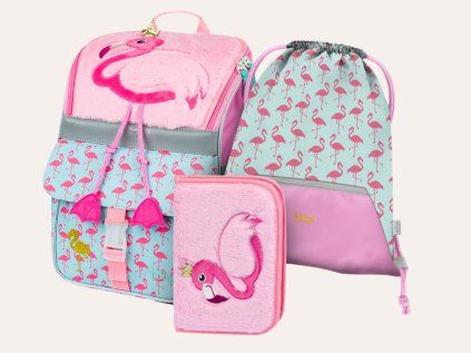 Baagl Schulranzen - Flamingo | Mädchen Set 3 Teilig, Schulranzen , Turnbeutel und Mäppchen